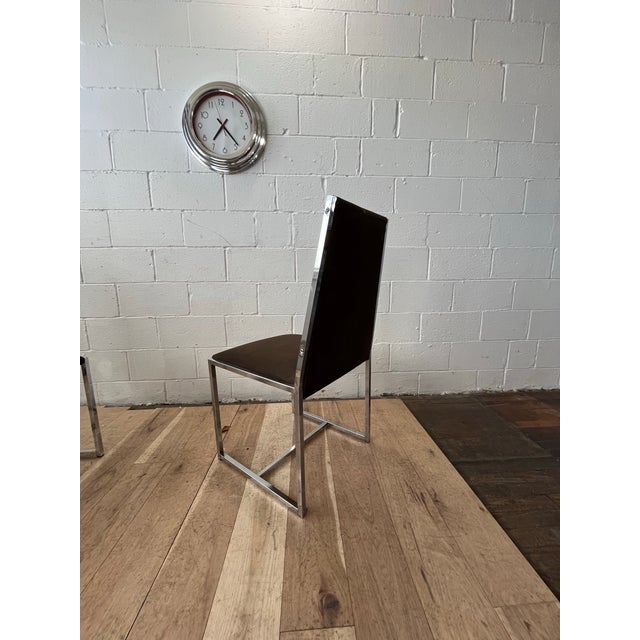Set of 4 Modern Chrome Dining Chairs in Brown Ultrasuede, Milo Baughman Style For Sale In New York - Image 6 of 8