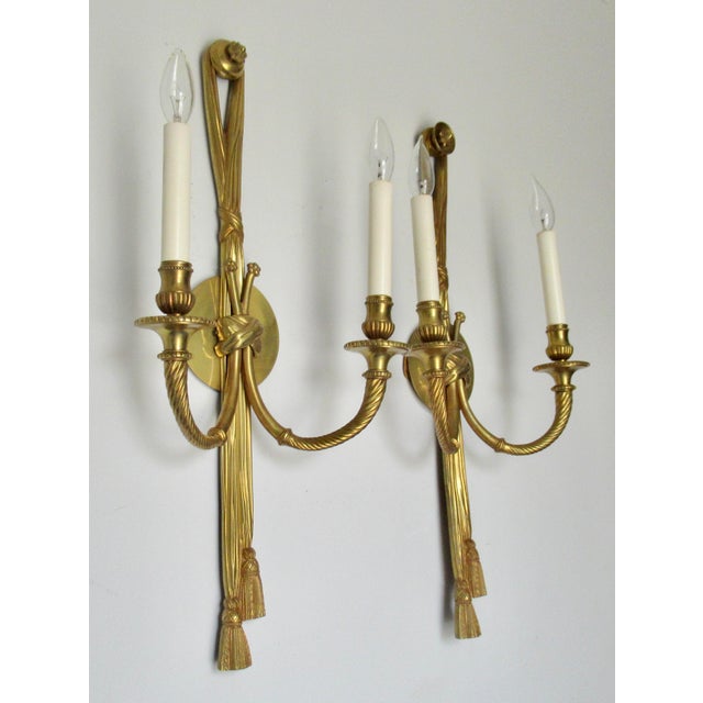 Vintage French 19th. Century Louis XVI Style Bronze Twin-Arm, Rope & Tassel Ormolu Wall Lighted Sconces -Pair For Sale - Image 4 of 17