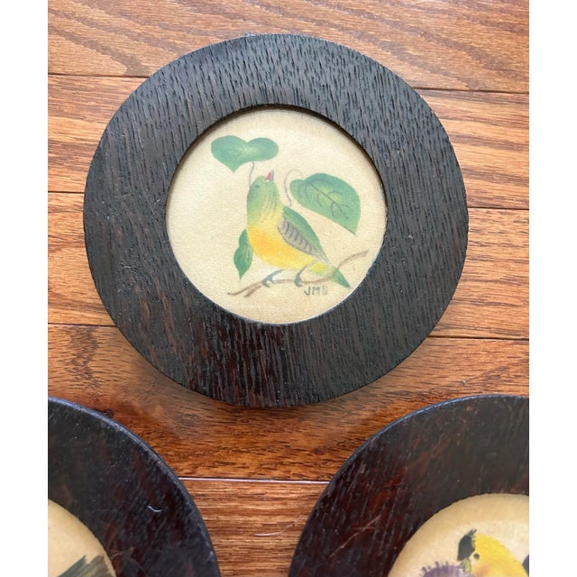 1930s Antique Set of Three Small Theorum Paintings of Birds in Wood Frames For Sale - Image 5 of 11
