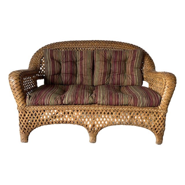 Vintage Coastal Rattan & Wicker Loveseat With Original Cushions For Sale
