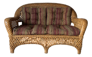 Vintage Coastal Rattan & Wicker Loveseat With Original Cushions