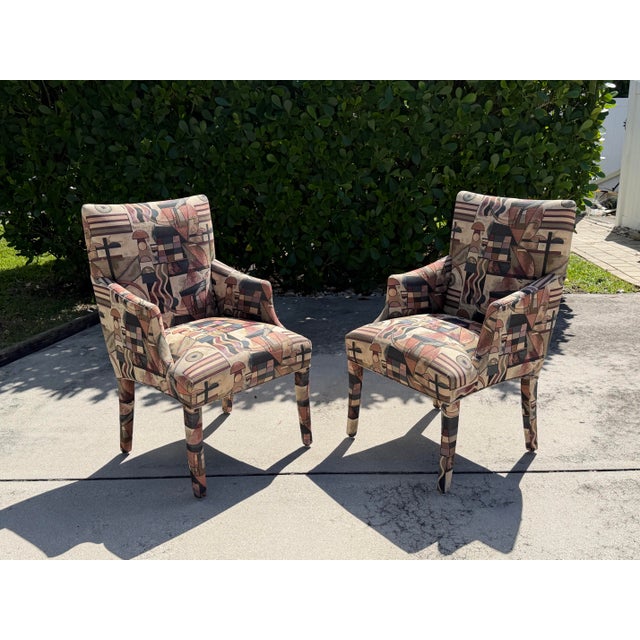 Late 20th Century Vintage Postmodern Parsons Armchairs With Memphis-Style Geometric Upholstery, Pair For Sale - Image 5 of 12