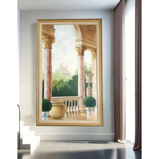 Offering a vintage hand painted trompe l'oeil painting of an Italian loggia or open air gallery with marble Corinthian...