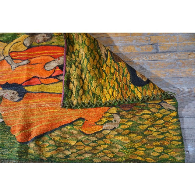 French Provincial 1875s Green Women Dancing Antique French Tapestry Rug 1875 Flatweave Wool Carpet For Sale - Image 3 of 8