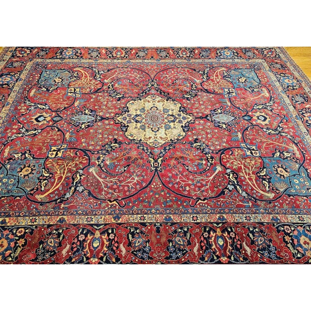 Red Vintage Persian Tabriz Rug, Handwoven Garden Floral Pattern, Crimson & Turquoise, 11’ X 15’ For Sale - Image 8 of 12