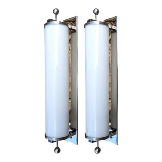 Pair Skyscraper Vintage Art Deco Wall Sconces in Nickel Brass & Milk Glass Tube Ship Light For Sale