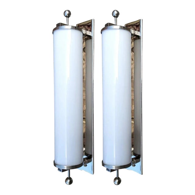 Pair Skyscraper Vintage Art Deco Wall Sconces in Nickel Brass & Milk Glass Tube Ship Light For Sale