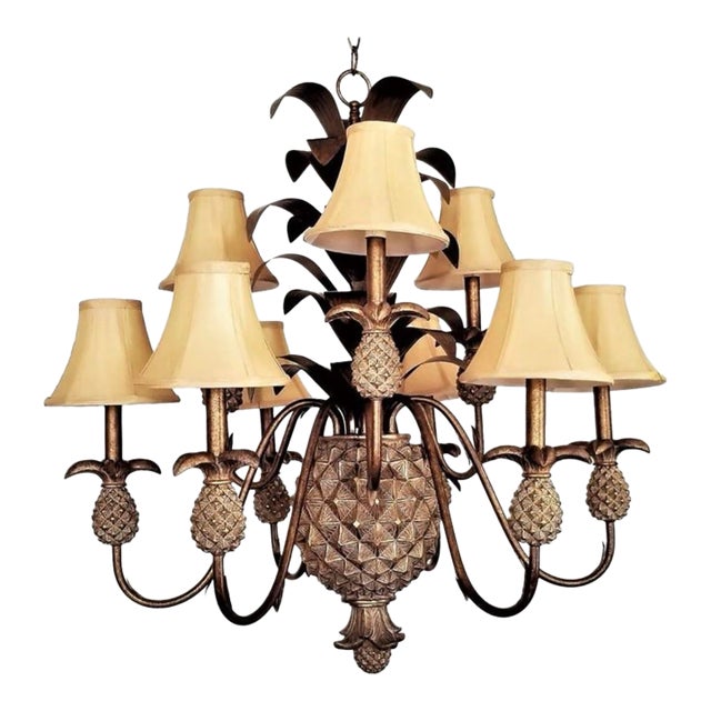 Vintage Pineapple Chandelier With Fabric Shade For Sale