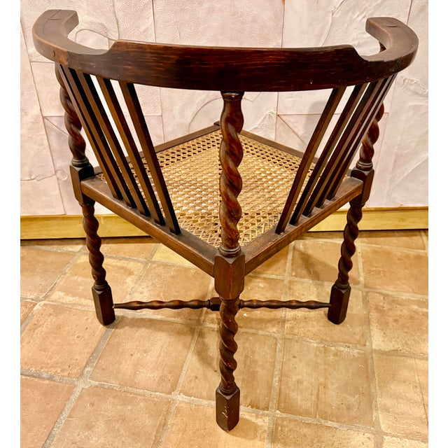 Victorian Antique English Oak Corner Chair Featuring a Woven Cane Seat With Barley Twist Legs, Posts, & Stretchers For Sale - Image 3 of 12