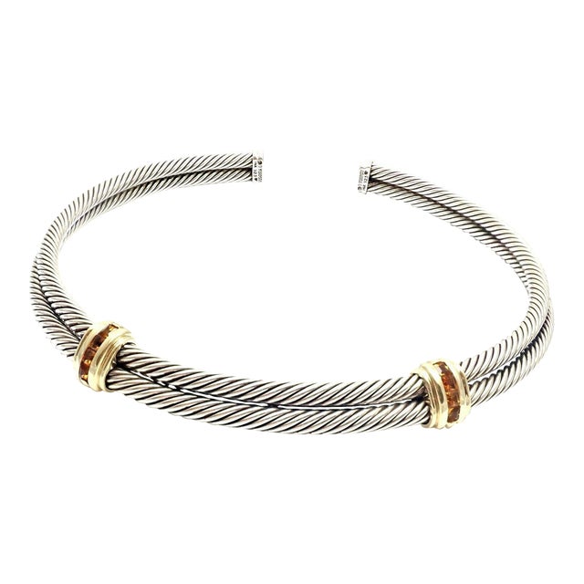 David Yurman 14k Gold Silver Citrine Double Cable Collar Necklace For Sale