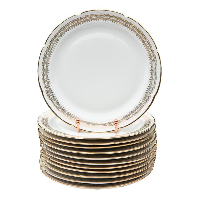 Porcelain Flat Plates with Gilt Details from Limoges, 1960s, Set of 12 For Sale