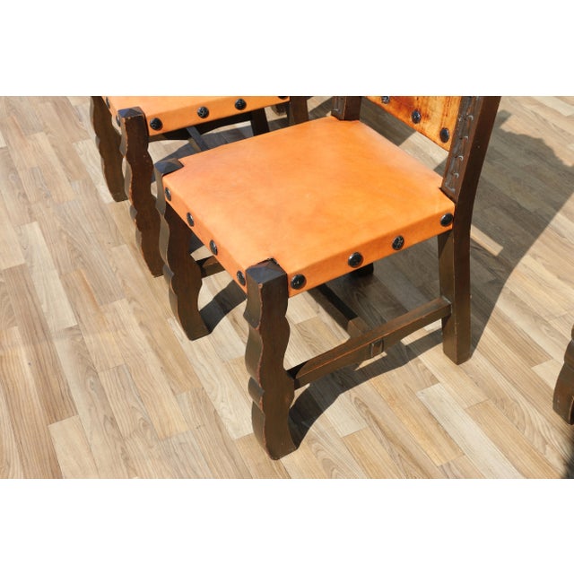 Wood Set of 6 Spanish Revival Carved Wood & Tan Leather Dining Chairs For Sale - Image 7 of 18