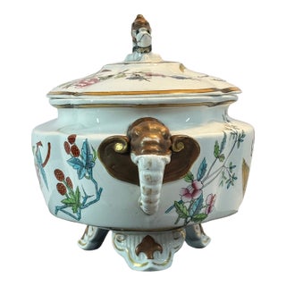 Rare Antique Royal Worcester Hand Painted Chinoiserie Porcelain Tureen, Elaborate Elephant Molded Handles & Dragon Head With Chicken Feet Lid Handle For Sale
