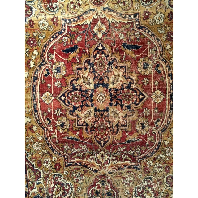 19Th Century Kerman Lavar Rug, Handwoven Medallion Floral Pattern With Silk Highlights, Gold & Red, 4’ X 6’ For Sale - Image 4 of 8