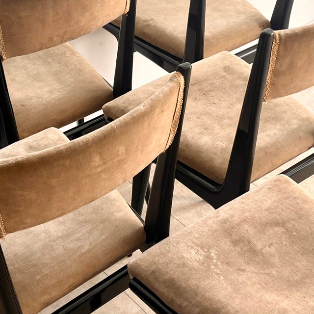 Dining Chairs in Black Lacquered Wood and Velvet attributed to Silvio Cavatorta, Italy, 1950s, Set of 6 For Sale - Image 6 of 12