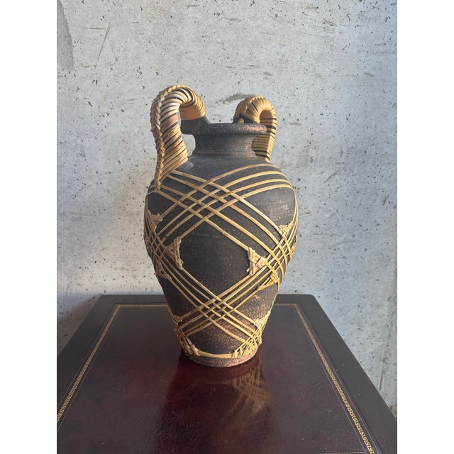 Contemporary Vintage Coastal Stoneware and Cane Floor Vase - Organic Modern For Sale - Image 3 of 8