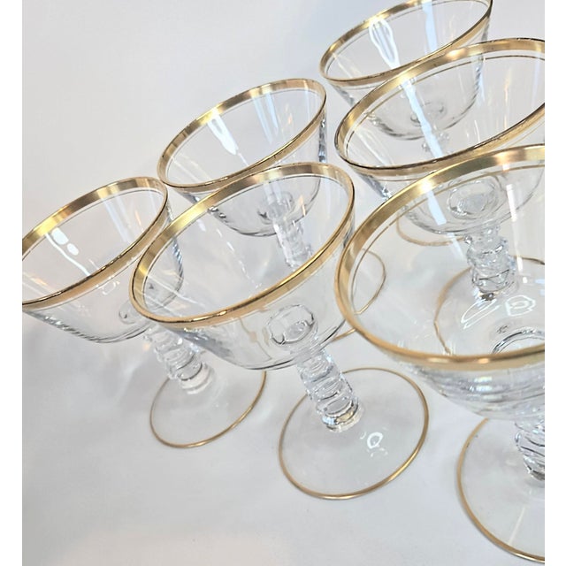 Metal Gold Rimmed Crystal Champagne Coupes- Set of Six For Sale - Image 7 of 13