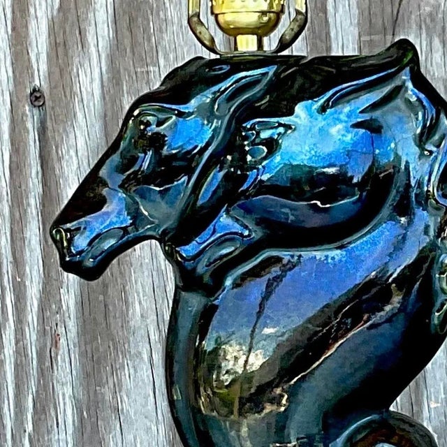 Vintage Blue Glazed Double Horse Head Lamp For Sale - Image 9 of 13