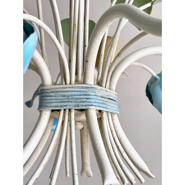French Blue Tole Tulip 5-Light Chandelier, 1960s For Sale - Image 12 of 18