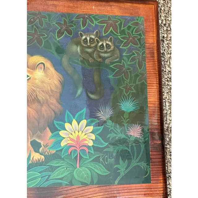 Vintage 1970s Folk Art Handmade Lion Print on Lacquered Wood For Sale - Image 4 of 10
