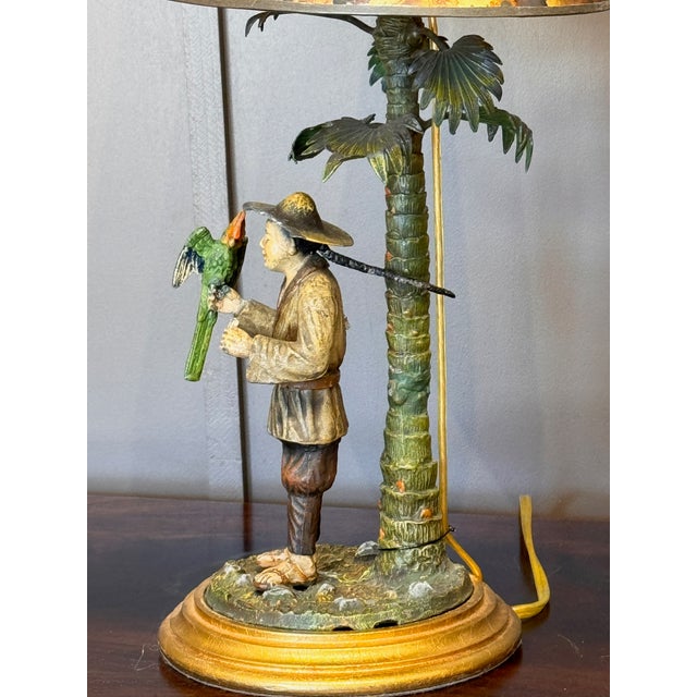 Pair of Cold Painted Bronze Figural Lamps With Mottled Paper Shades For Sale - Image 10 of 16