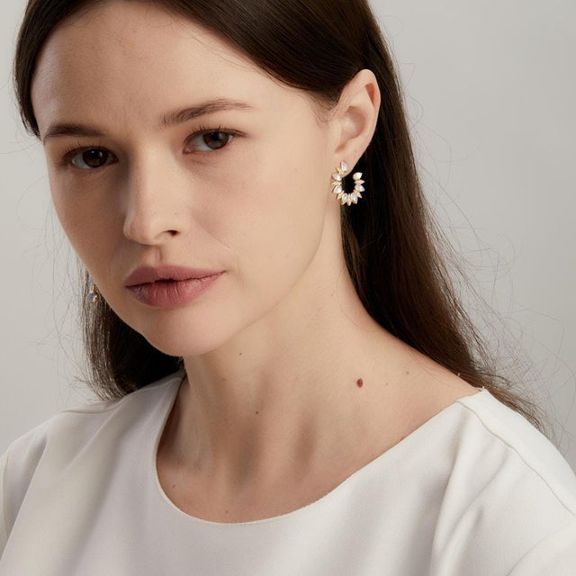 Syna Yellow Gold Moon Quartz Earrings with Diamonds, a Pair For Sale - Image 4 of 5