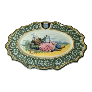 Rare French Quimper Faience Platter With a Young Milk Maiden, Porquier Beau