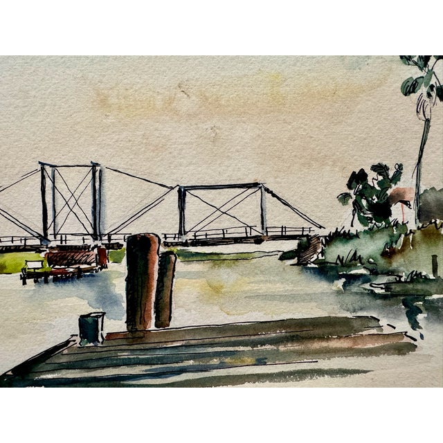 Rustic Henry Emil Salloch Original Watercolor on Paper Coastal Riverfront Scene, 1948. For Sale - Image 3 of 7