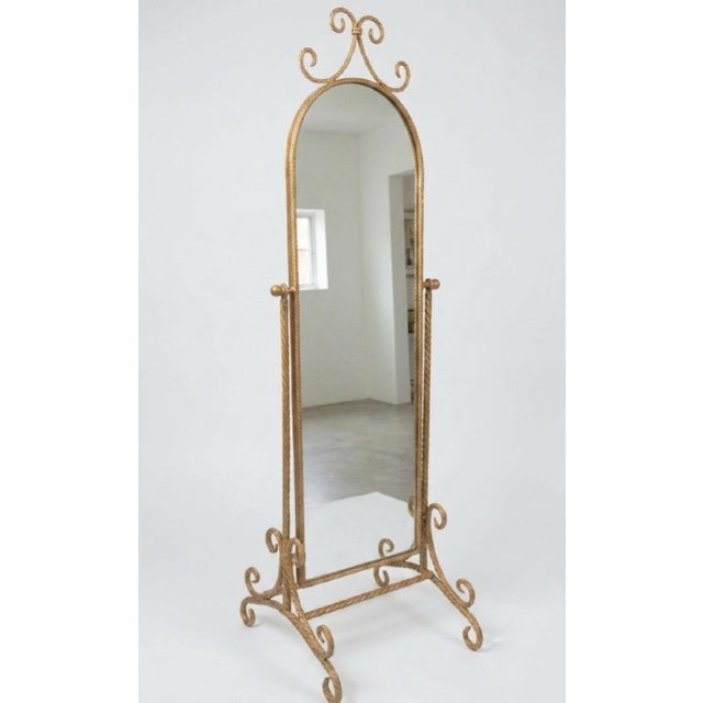 Vintage Italian Florentine Hollywood Regency Gold Gilt Wrought Iron Twisted Rope Metal Cheval Standing Floor Mirror For Sale - Image 12 of 14