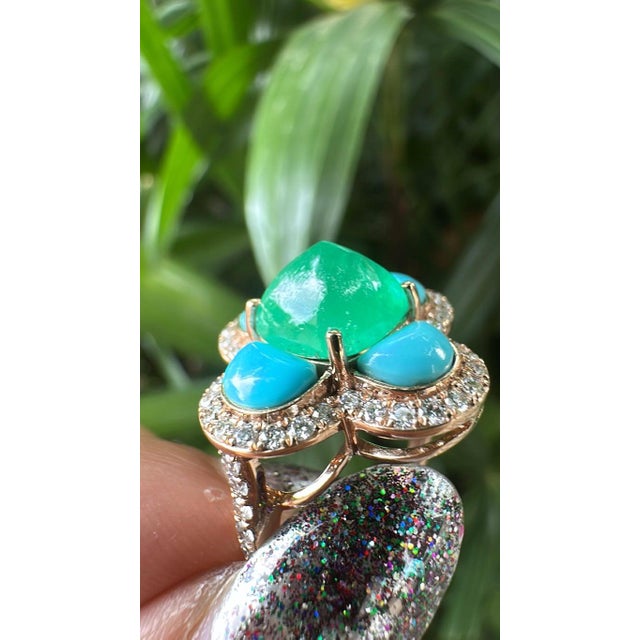 Set in 18k Gold, Art Deco Emerald Sugarloaf, Turquoise & Diamond Engagement Ring, Us Size 6 For Sale - Image 11 of 16