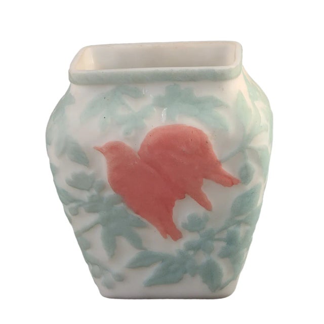 Antique Phoenix Consolidated Art Glass Teal White Red Love Birds Vase For Sale - Image 9 of 9