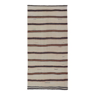 Turkish Vintage Kilim Rug Ivory Brown Striped Anatolian Flatweave Wool For Sale
