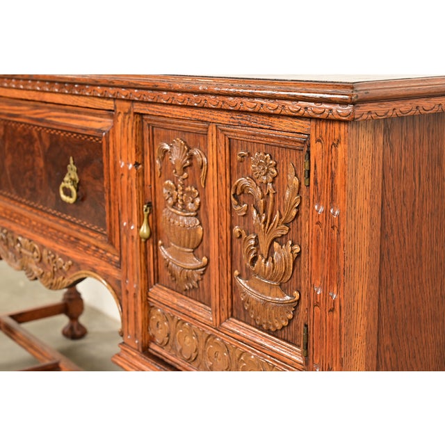 Early Romweber Antique English Jacobean Carved Oak and Burl Wood Sideboard, Circa 1900 For Sale - Image 13 of 18