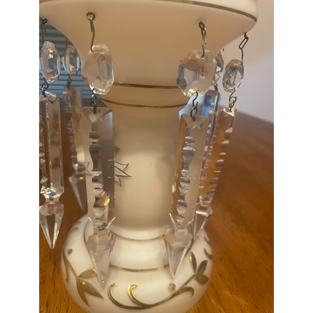 Pair of White Mantel Lustres With Crystal Prisms and Gold Floral Decoration For Sale In Nashville - Image 6 of 7