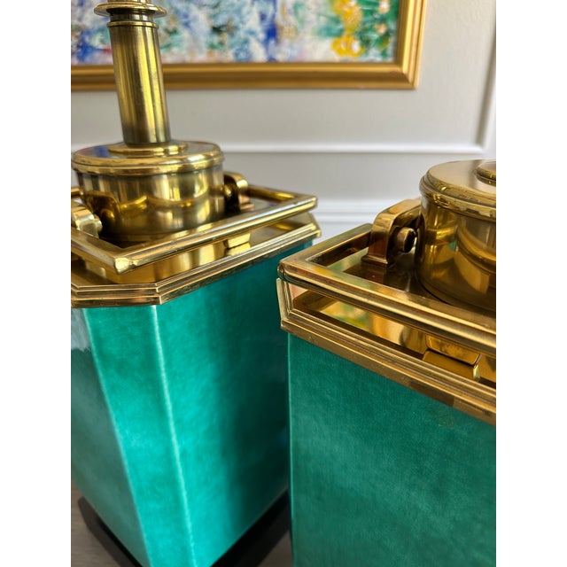 Mid 20th Century Pair of Stiffel Mid-Century Turquoise Jade Lamps W/ Antique Brass Hardware & Milk Glass Shades, Designed by Edwin Cole, Provenance the Broadmoor Hotel For Sale - Image 5 of 7