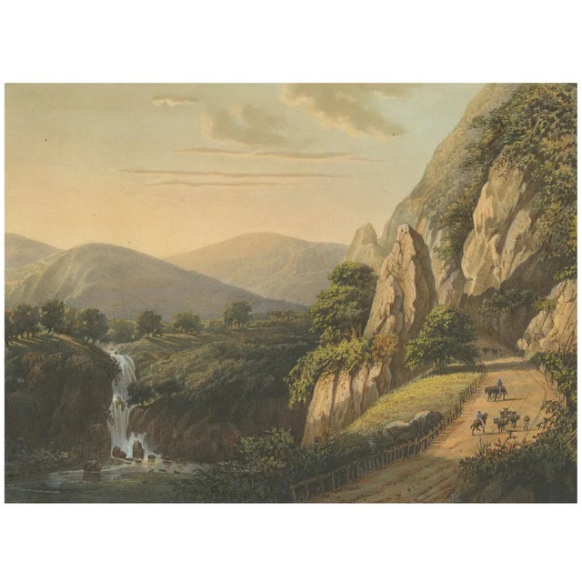 Mountain Road and Waterfall in the Tengger Range, 1872, Java Lithograph For Sale