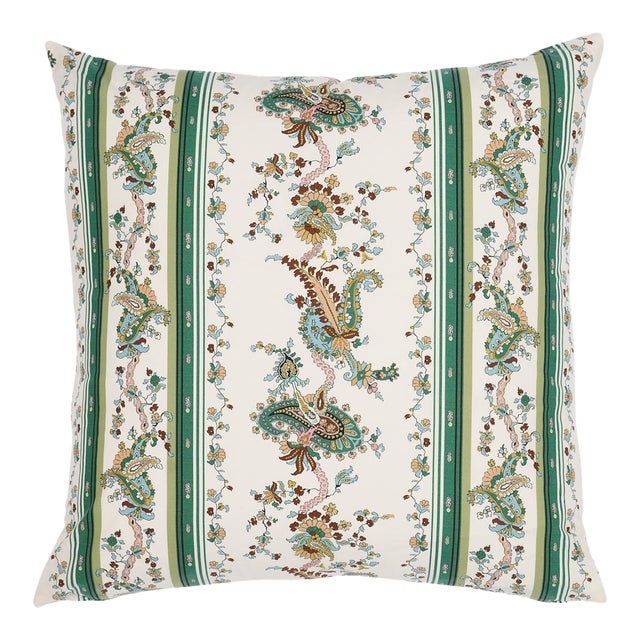 Schumacher Elena Paisley Stripe 22" Pillow in Green For Sale