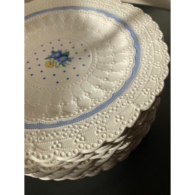 Early 20th Century English White Lace Floral Blue Polka Dot Porcelain Plates by Spode- Set of 12 For Sale - Image 10 of 11