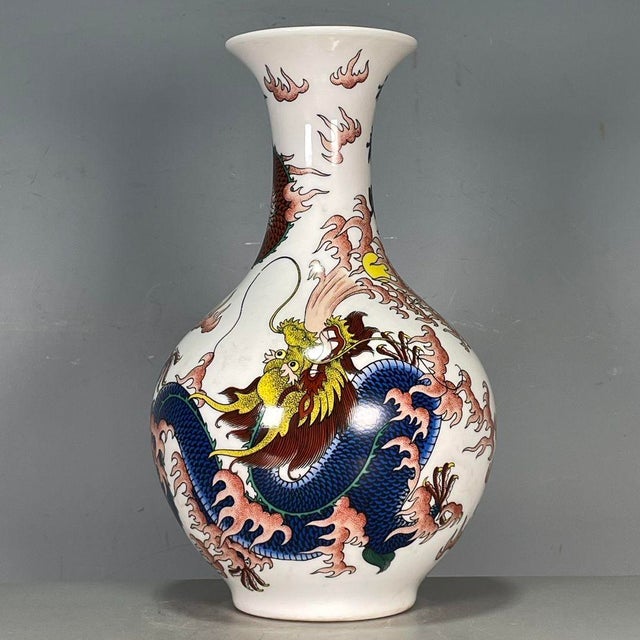 Vintage Chinese Famille Rose "Mighty Dragon" Vase With Poem, Qianlong Mark For Sale In Los Angeles - Image 6 of 9