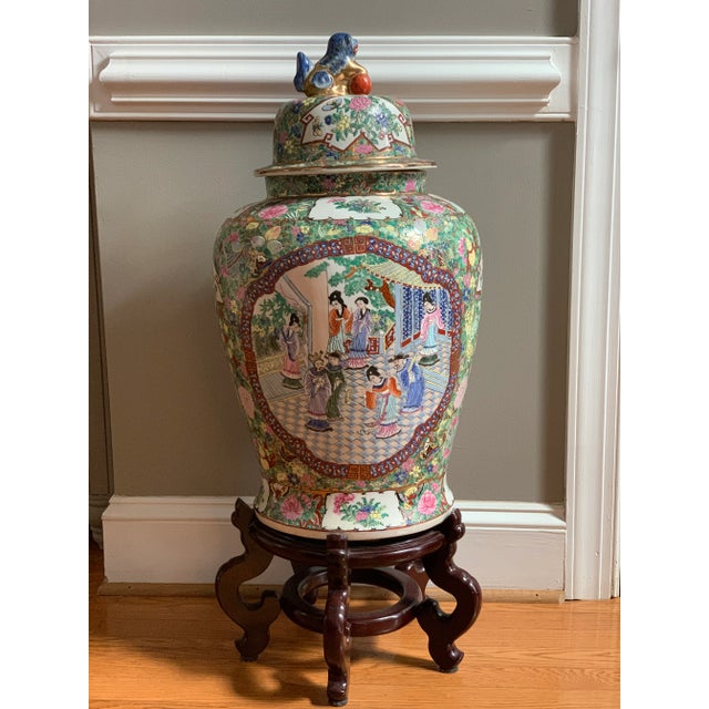 Rose Medallion Famille Rose Foo Lion Temple Jar With Mahogany Stand - 25.5" Tall For Sale - Image 13 of 13