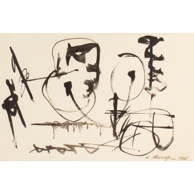 A 1961 abstract ink painting by the American artist Walter Stomps (1929-2020). This abstract work depicts an array of...