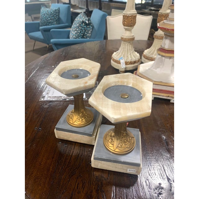 White Marble Art Nouveau Stands With Bronze Columns - Pair For Sale In Detroit - Image 6 of 8