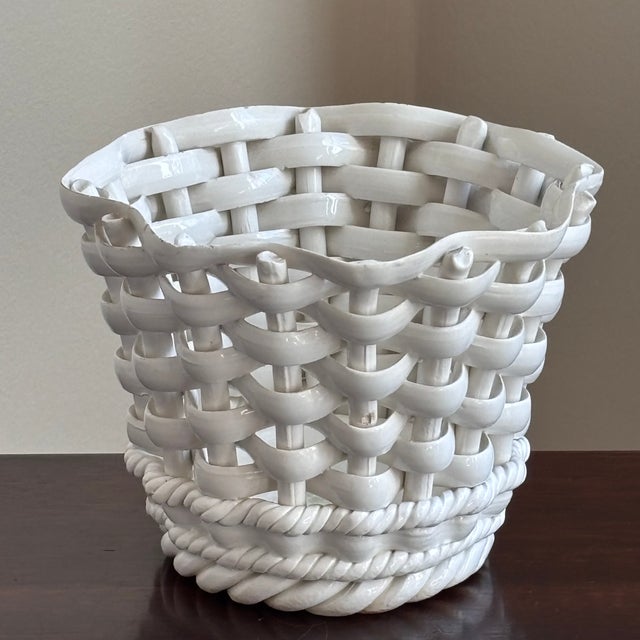 Ceramic Mid-20th Century Italian Basketweave Ceramic Cachepot For Sale - Image 7 of 18