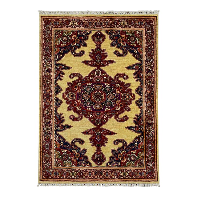 Beige & Red Persian-Style Medallion Wool Rug, Natural Dyes, 5'7" X 8'3" For Sale