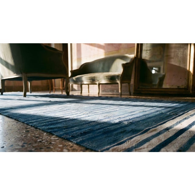1930s Blue Stripe Antique Indian Cotton Dhurrie Rug 8'2'' X 40'2" Flatweave Carpet For Sale - Image 15 of 16