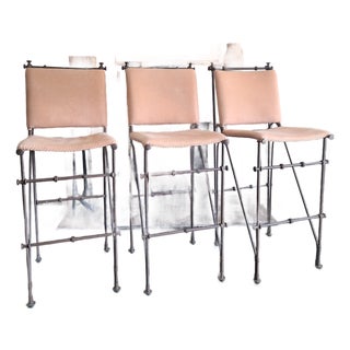 Ilana Goor Style 1970's Vintage Brutalist Iron Leather Stools Set of 3 For Sale