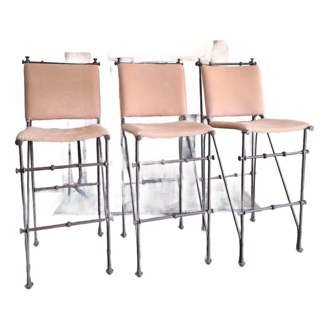 Ilana Goor Style 1970's Vintage Brutalist Iron Leather Stools Set of 3 For Sale