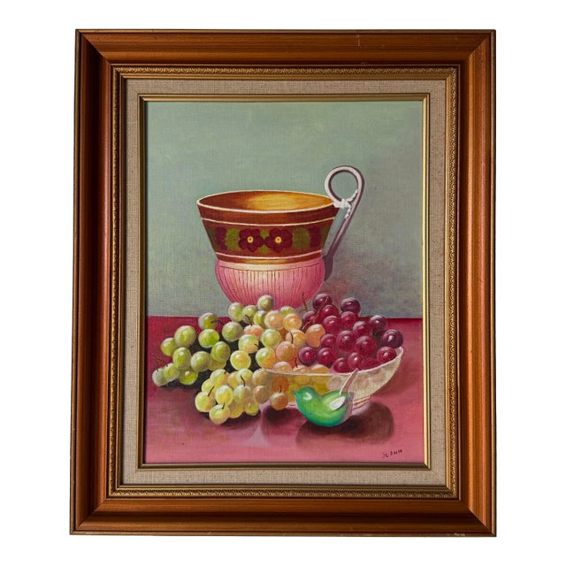 1970s Vintage Je. Ann Still Life Oil on Canvas Board Painting – Framed For Sale