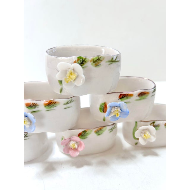 English Vintage Hand-Painted Floral Porcelain Napkin Rings With Applied Flowers – Set of 6, Shafford For Sale - Image 3 of 12