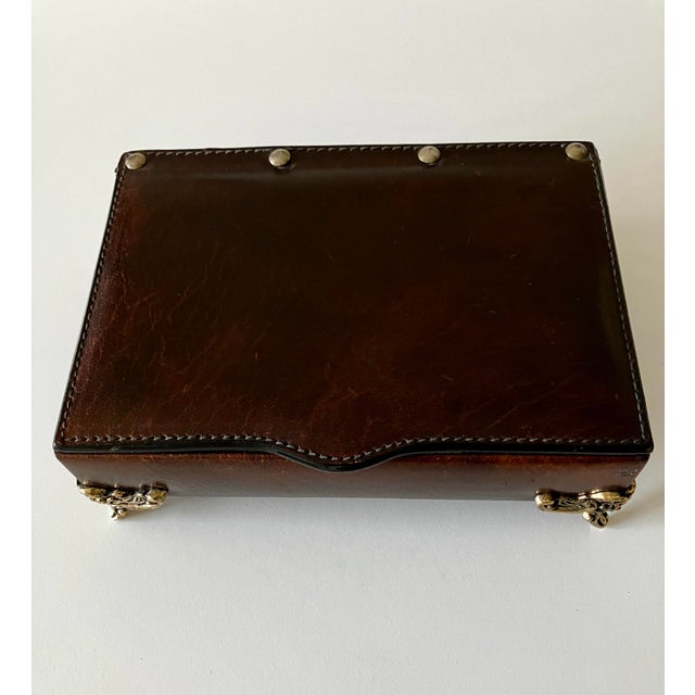 Renaissance Vintage Italian Florentine Tooled Leather Valet Jewelry Box With Ornate Brass Feet For Sale - Image 3 of 18